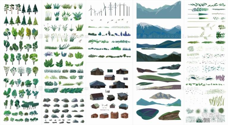 PSD竞赛插画风剖立面植物树木丨