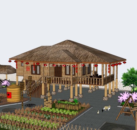 中式茅草屋茅草房建筑 民宿茶室丨