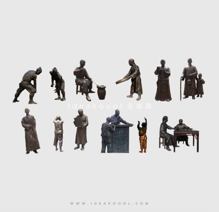 商业街铜人古代小贩人物雕塑贴图丨