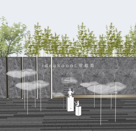 抽象云朵人物雕塑 景墙 竹子丨