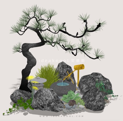 竹流水 水钵 石盆 造型松树丨