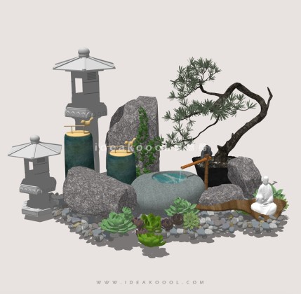 竹流水 水钵石盆 造型松 石灯笼丨