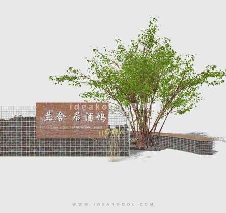 入口石笼logo景墙座椅丨