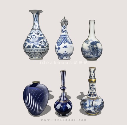 中式青花瓷器模型丨