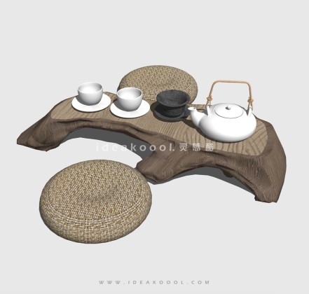 中式蒲团木雕桌椅 茶艺茶壶杯子摆件丨