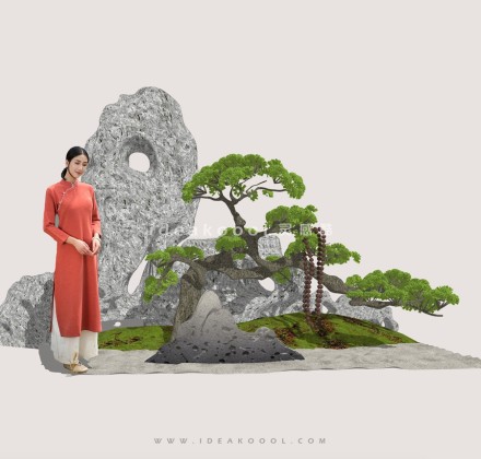 中式太湖石 景观石头 造型松树 中国风人物丨