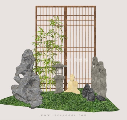 中式太湖石 景观石头 竹子 石灯笼 拴马桩丨