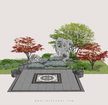 景观对景 太湖石植物组景 枫树 中式铺装丨