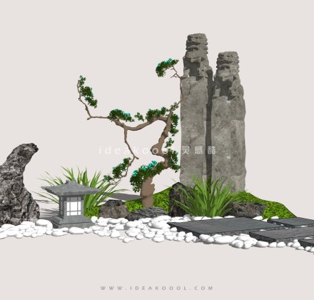 中式造型松景观石头拴马柱灯具组景丨