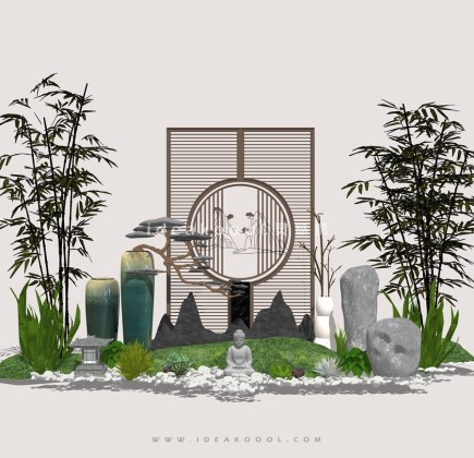 竹子 景观石 屏风 石灯笼 造型松丨