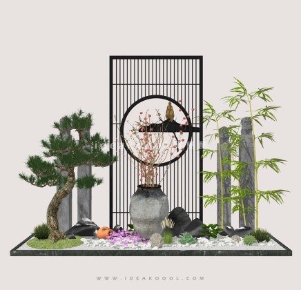 造型松 竹子 刷马柱 屏风 陶罐 组景丨