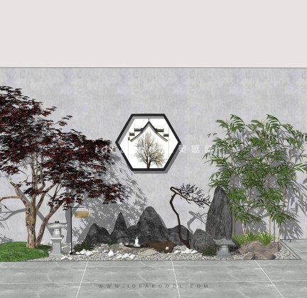 山水造型石头枫树竹子植物石灯笼组景丨