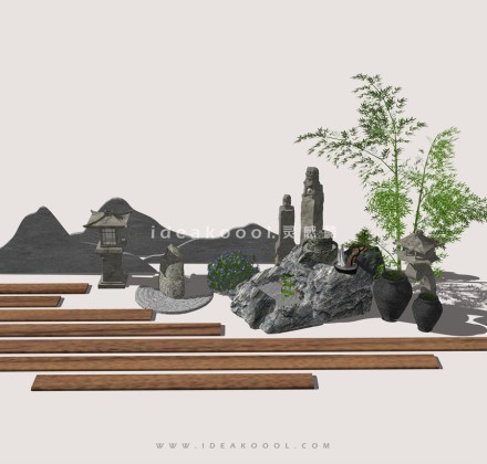 山水造型石头竹子陶罐石灯笼组景丨