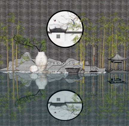 造型景观石头陶罐竹子瓦片景墙组景丨