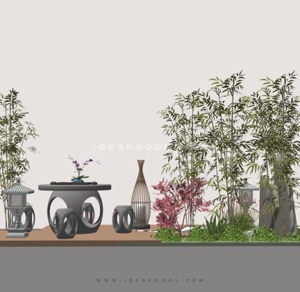 竹子石桌石椅石灯笼丨