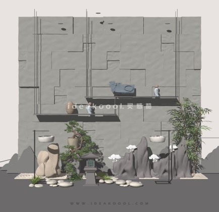 山水造型景观石头竹子石灯笼造型松景墙组景丨