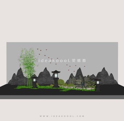 群山造型景观石头竹子石灯笼组景丨