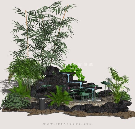 地被灌木竹子假山造型景观石头流水瀑布组景丨