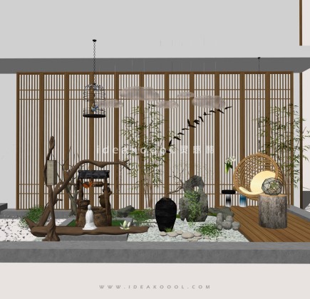 中式屏风 云朵灯 鸟笼 吊椅 竹子 造型枯木组景丨