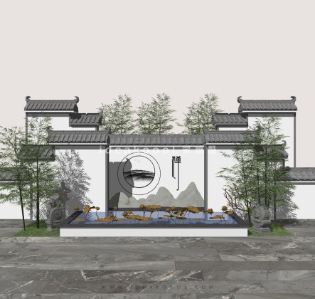 徽派屋檐景墙竹子荷花 山水造型景观石头 抱鼓石石灯笼组景丨