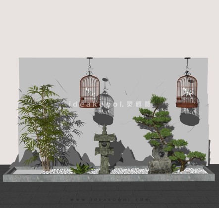 竹子造型松鸟笼山水景观石头组景丨