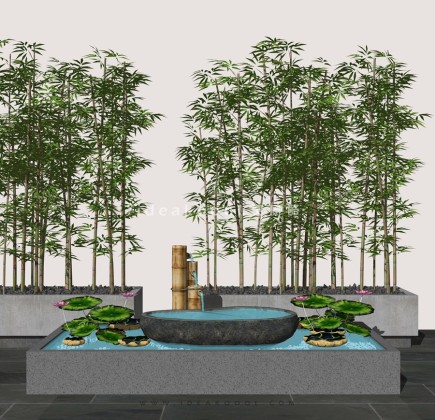 竹子流水荷花水缸水钵组景丨