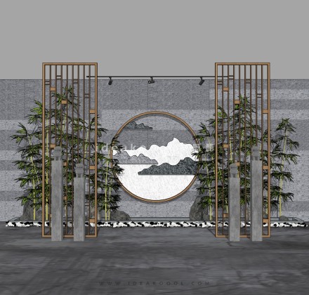 竹子屏风拴马柱景墙组景丨