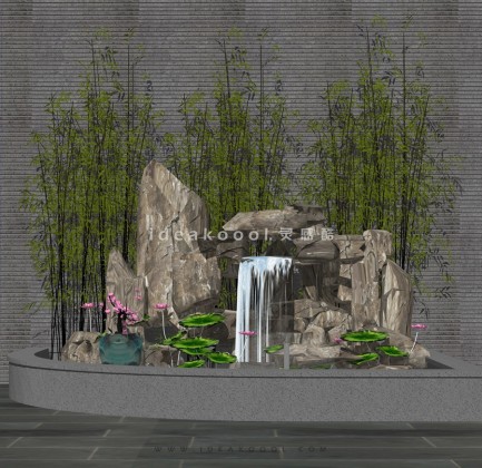 竹子景观造型石头假山瀑布荷叶水池组景丨
