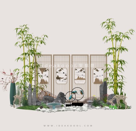 竹子 屏风 花瓶 造型景观石头 树枝小鹿雕塑组景丨