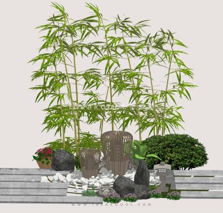 竹子景观石头灌木球鸟笼灯组景丨