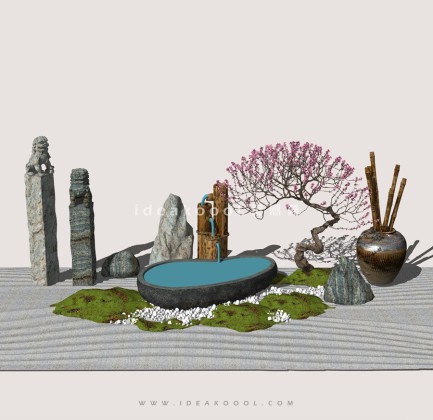 枯山水造型松水钵拴马柱陶罐组景丨