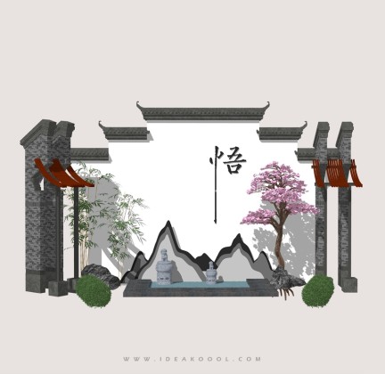 徽派屋檐景墙山水组景丨