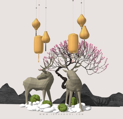 山水景观石头 造型松 中式吊顶 鹿 组景丨