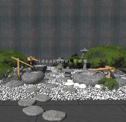 中式禅意景观小品组景 竹流水钵石钵 灌木球 石头汀步丨