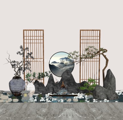 中式禅意景观小品组景 山水造型石头丨