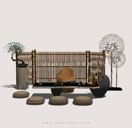 中式茶艺桌子座椅 竹子屏风 造型松盆景组景丨