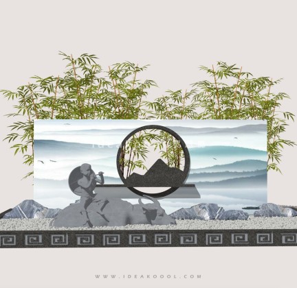 竹子景墙 造型景观石头 牧童水牛雕塑组景丨
