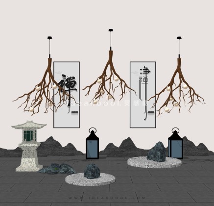 中式禅意景观小品组景 树枝吊灯丨