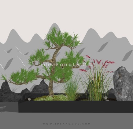 中式禅意景观小品组景 造型松 观赏草组景丨