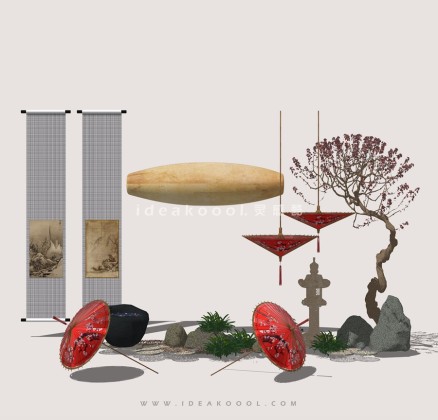 中式禅意景观小品组景 伞 石灯笼 造型松丨