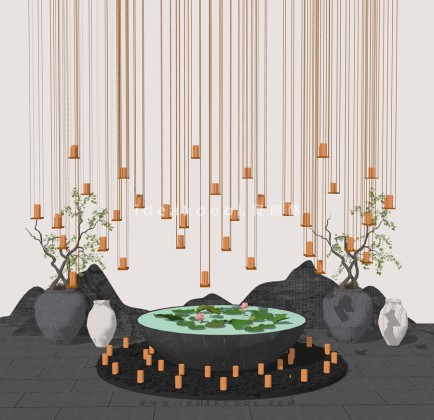 中式禅意景观小品组景 陶罐树枝 荷花水池丨