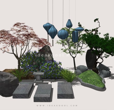 中式禅意景观小品组景 中式吊灯 中式造型植物丨