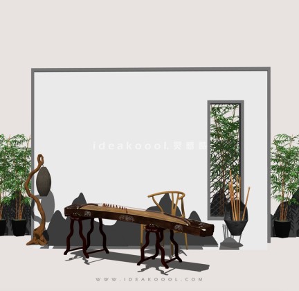 中式禅意景观小品组景 古筝丨