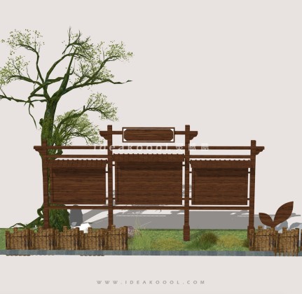 中式禅意景观小品组景 宣传栏 造型乔木丨