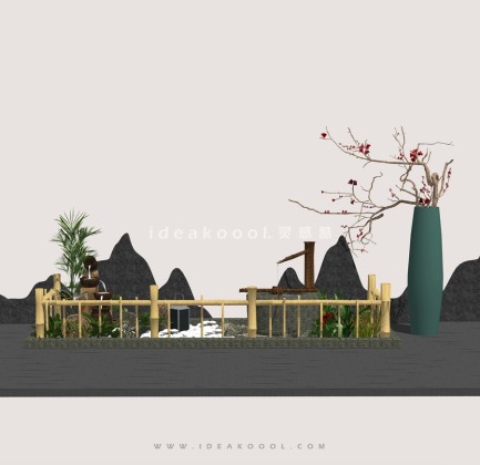 中式禅意景观小品组景 竹篱笆花瓶丨