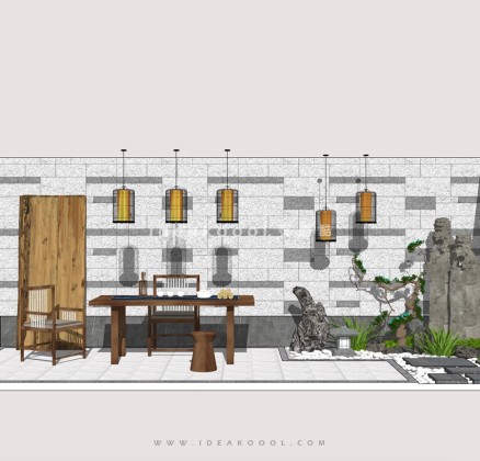 中式禅意景观小品组景 茶艺桌子座椅吊顶丨