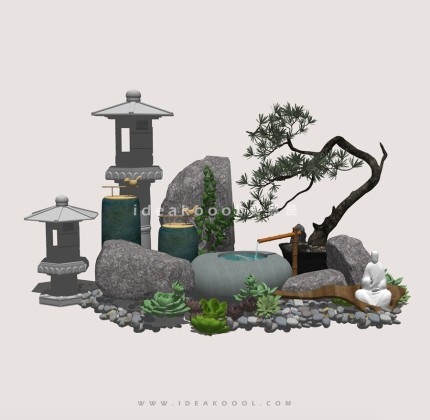 中式禅意景观小品多肉植物竹流水石灯笼组景丨