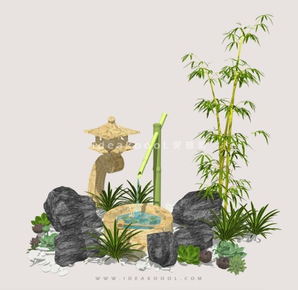 中式禅意景观小品 多肉植物竹流水石灯笼组景丨