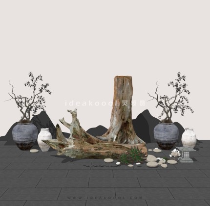 中式禅意景观小品组景 树根枯木丨