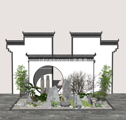 中式禅意景观小品 徽派景墙多肉植物竹流水石灯笼组景丨